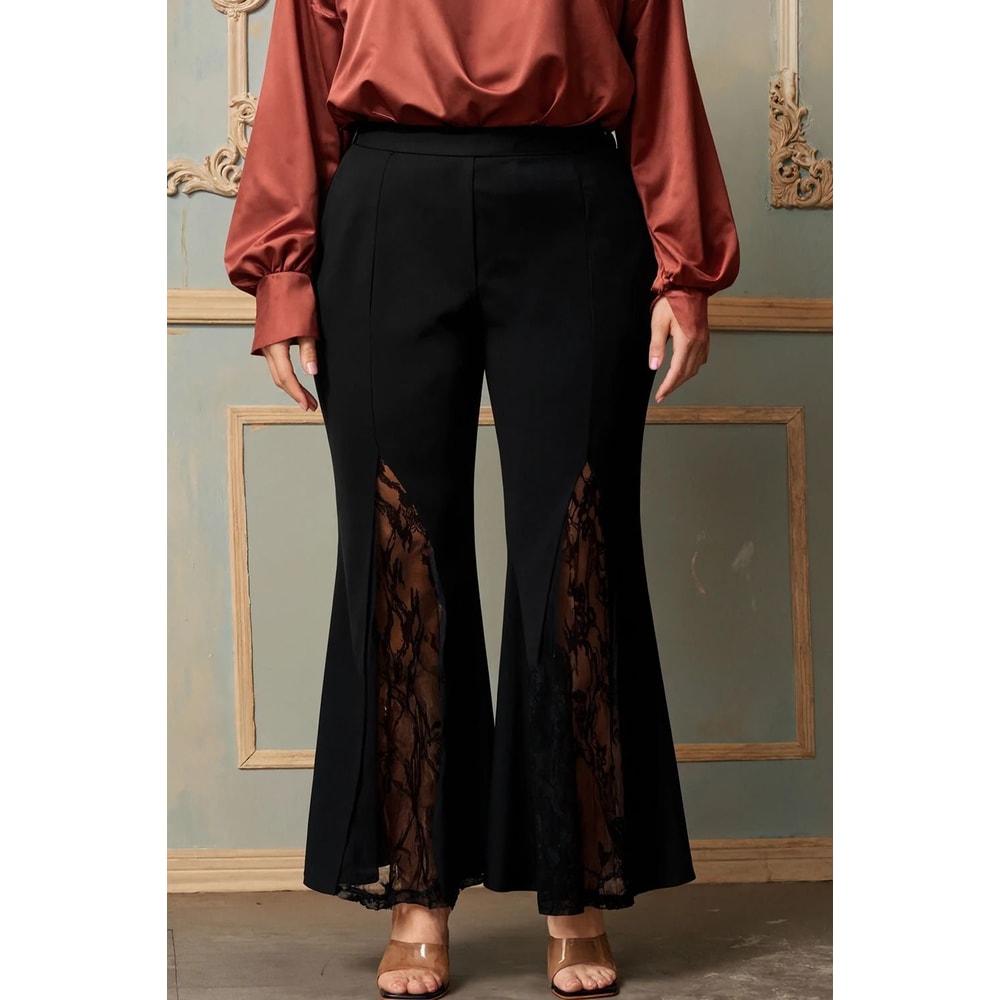 Plus Size Lace Patchwork Hollow Out High Waist Tailored Flare Pants Casual Office Lady Trousers 4