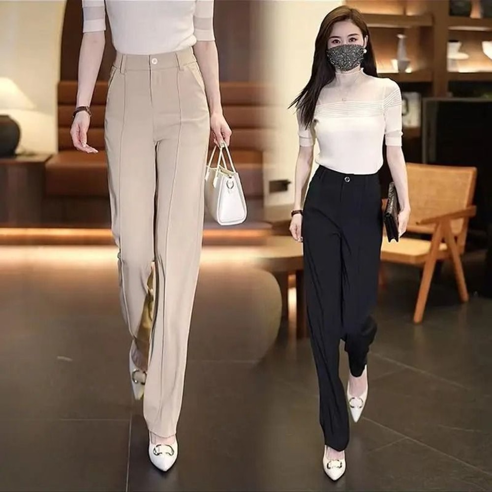Chiffon Straight Leg Wide Trousers Chic Elegant Satin Silk Finish Office Work Pants 0