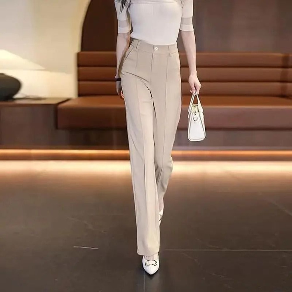 Chiffon Straight Leg Wide Trousers Chic Elegant Satin Silk Finish Office Work Pants 3