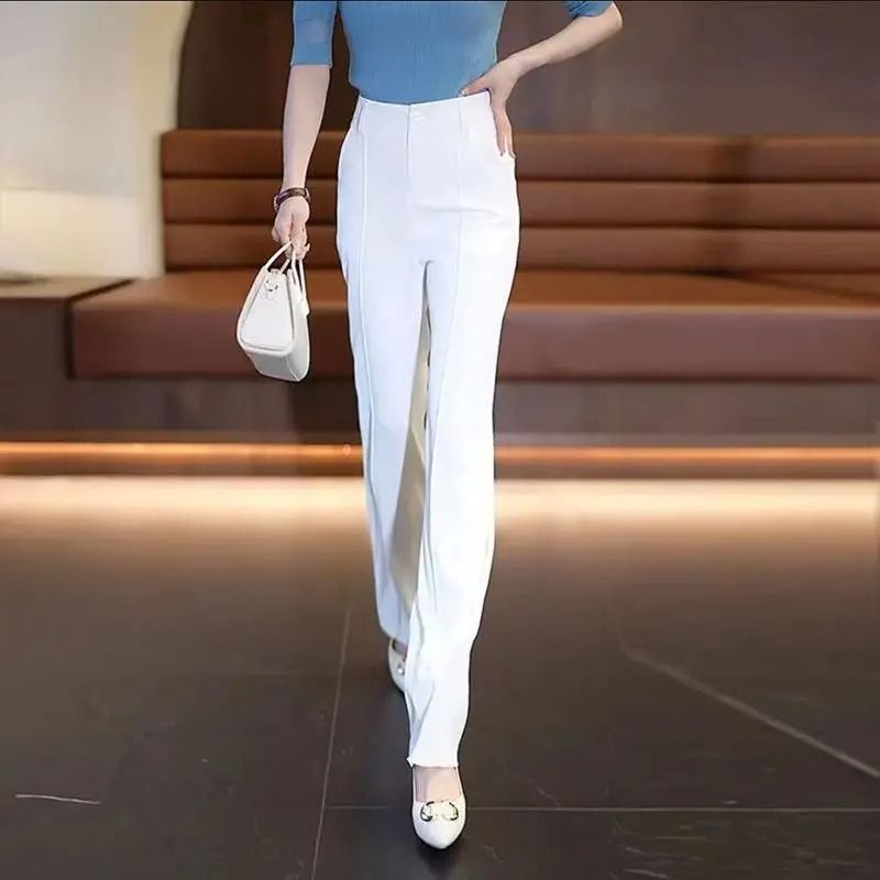Chiffon Straight Leg Wide Trousers Chic Elegant Satin Silk Finish Office Work Pants 5