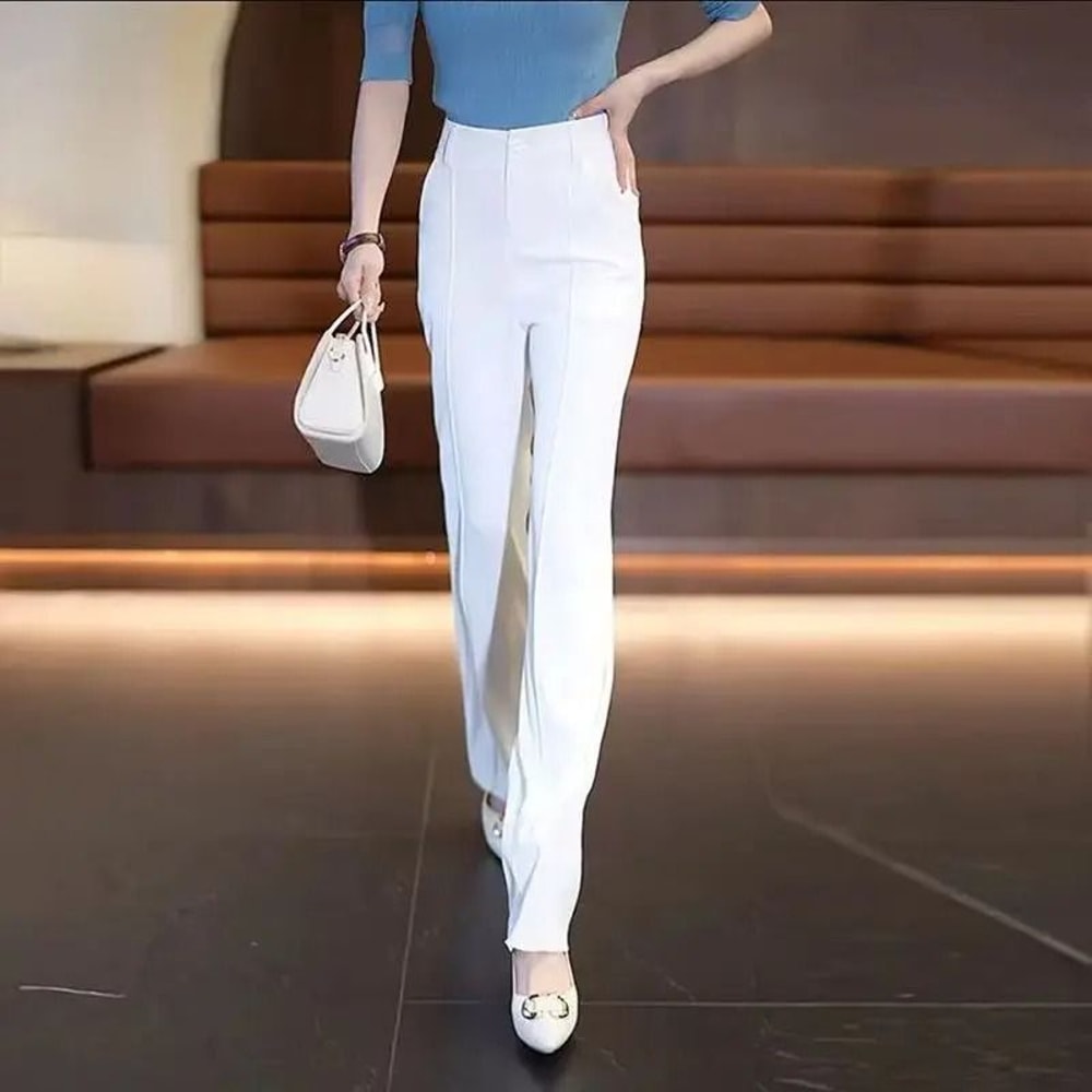 Chiffon Straight Leg Wide Trousers Chic Elegant Satin Silk Finish Office Work Pants 6
