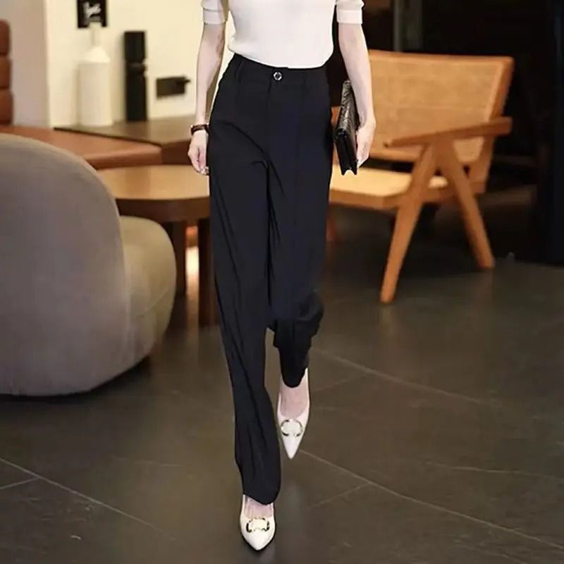 Chiffon Straight Leg Wide Trousers Chic Elegant Satin Silk Finish Office Work Pants 7