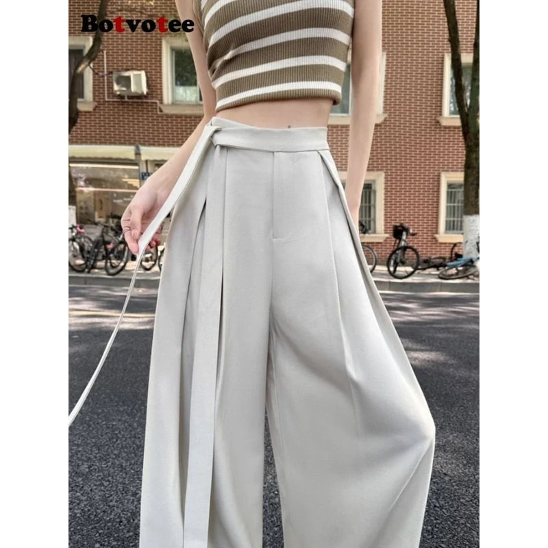 Botvotee Elegant Office Suit Pants High Waisted Wide Leg Baggy Blazer Trousers With Sashes 0