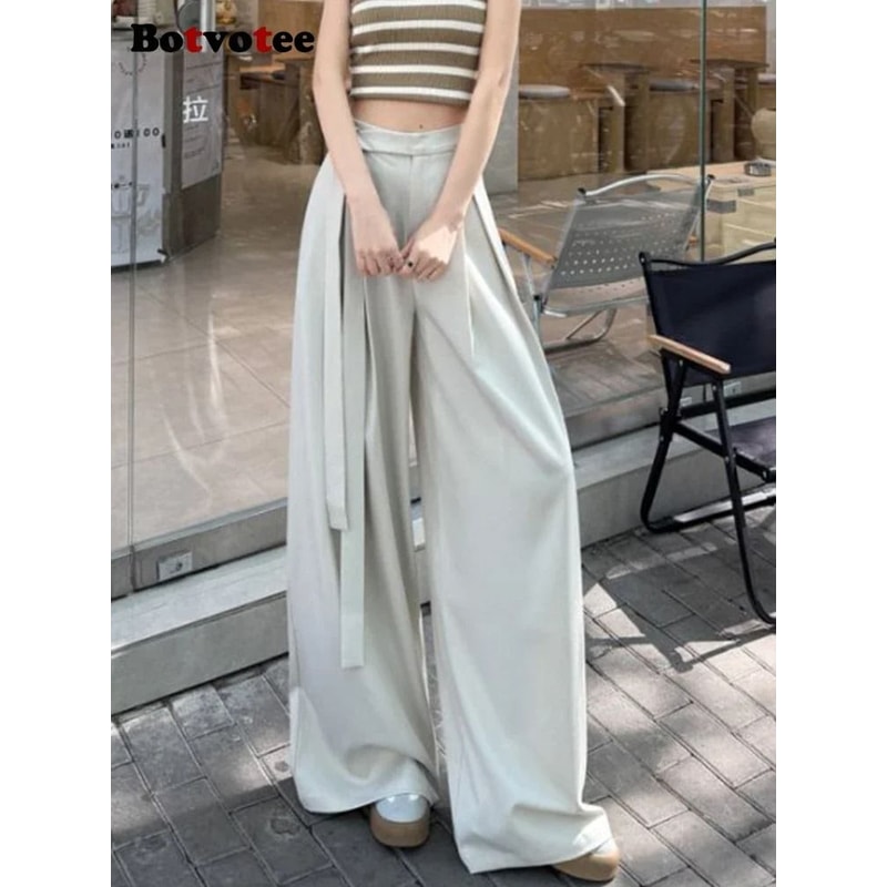 Botvotee Elegant Office Suit Pants High Waisted Wide Leg Baggy Blazer Trousers With Sashes 1