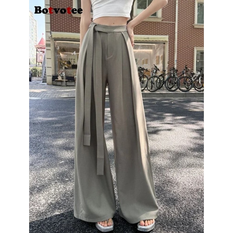 Botvotee Elegant Office Suit Pants High Waisted Wide Leg Baggy Blazer Trousers With Sashes 2