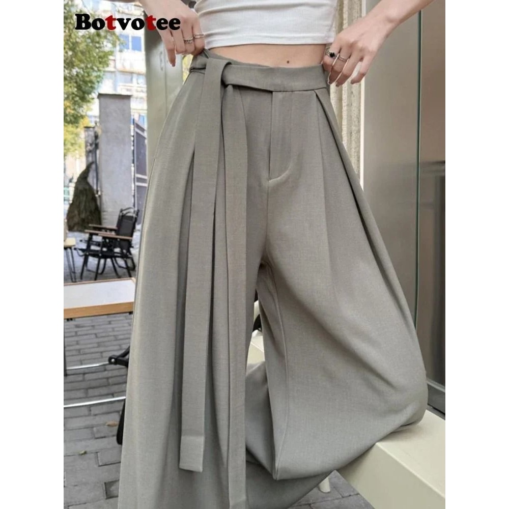 Botvotee Elegant Office Suit Pants High Waisted Wide Leg Baggy Blazer Trousers With Sashes 3