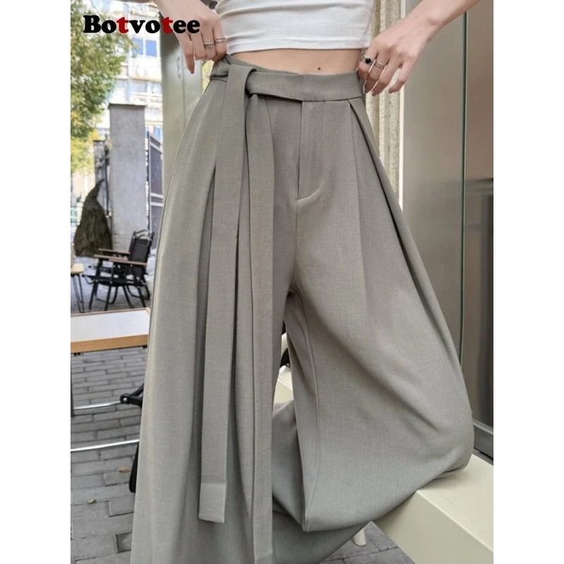 Botvotee Elegant Office Suit Pants High Waisted Wide Leg Baggy Blazer Trousers With Sashes 3