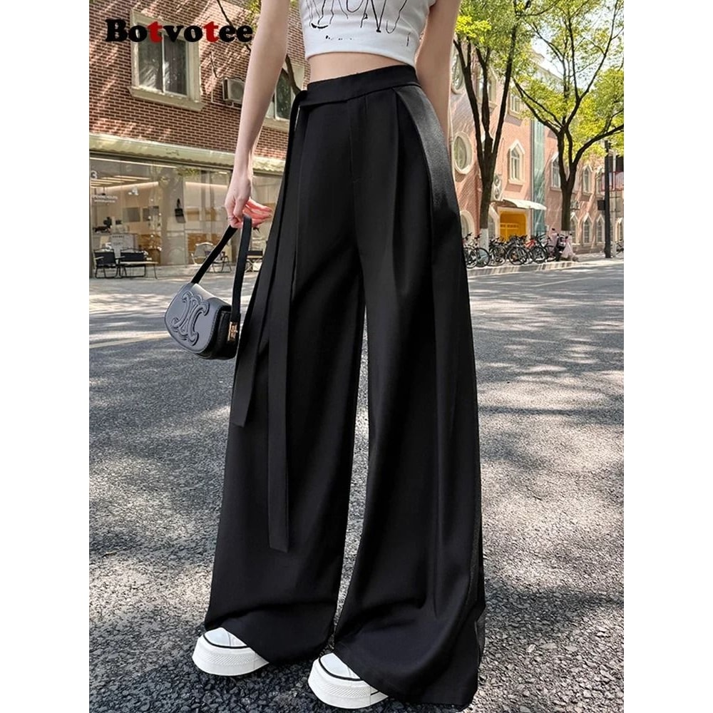 Botvotee Elegant Office Suit Pants High Waisted Wide Leg Baggy Blazer Trousers With Sashes 4
