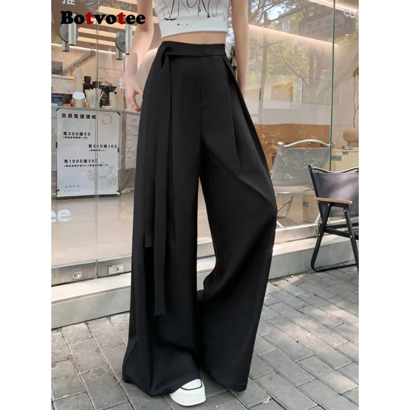 Botvotee Elegant Office Suit Pants High Waisted Wide Leg Baggy Blazer Trousers With Sashes 5