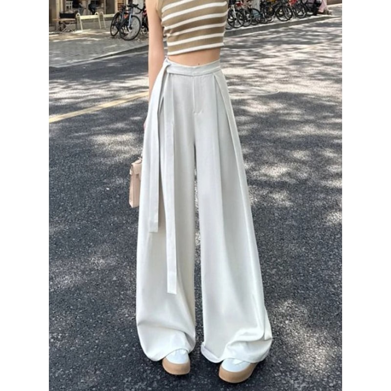 Botvotee Elegant Office Suit Pants High Waisted Wide Leg Baggy Blazer Trousers With Sashes 7