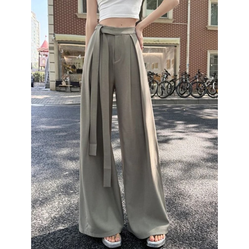 Botvotee Elegant Office Suit Pants High Waisted Wide Leg Baggy Blazer Trousers With Sashes 8