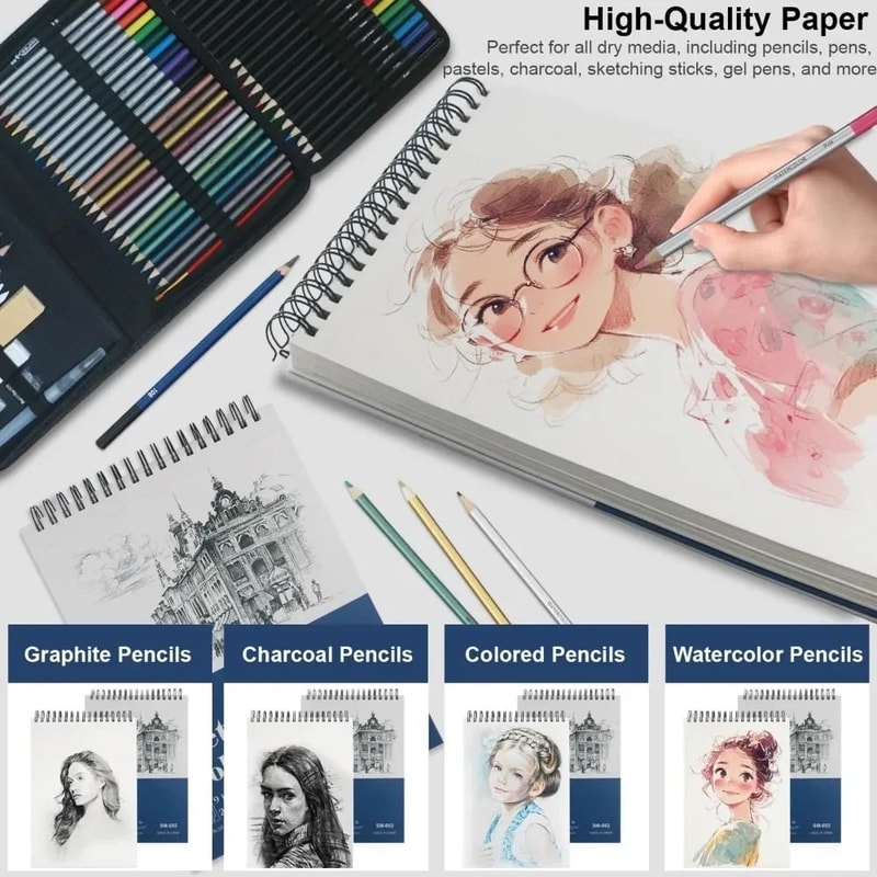 Professional Hardcover Sketchbook 9 X 12 Top Spiral Bound 100 Sheets Heavyweight Drawing Pad 5