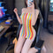 Sexy Rainbow Stripe Shoulderless Tight Wrapped Hip Dress Summer Short Casual Skirt 5