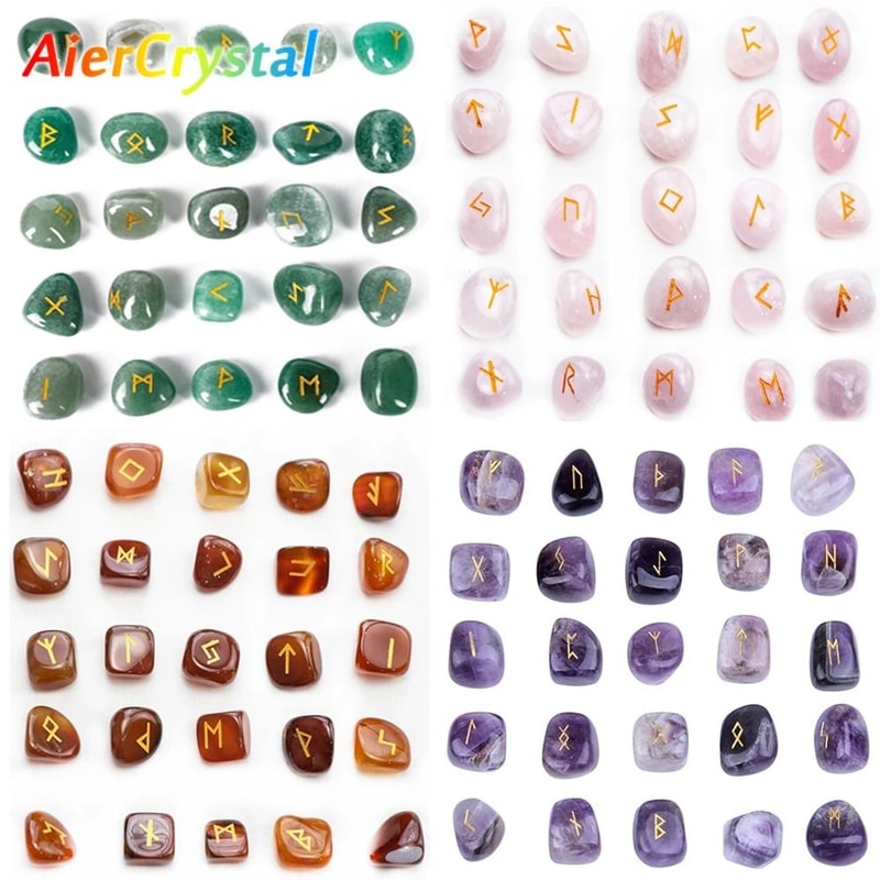 Natural Crystal Rune Stones Set 25PCS Quartz Agate Reiki Healing Witches Energy Crystal Carving 0