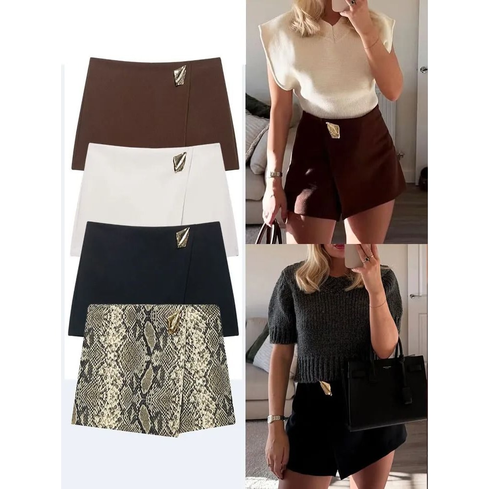 HH 2025 Autumn Asymmetric Culottes Womens HighWaist ALine Pantskirt With Metal Applique 0
