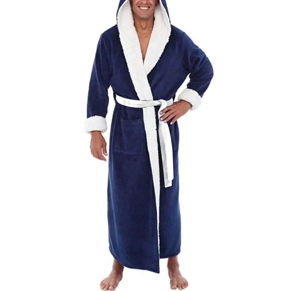 Mens ColorBlock Coral Fleece Bathrobe Professional AutumnWinter Plush Home Gown Sleepwear System 1
