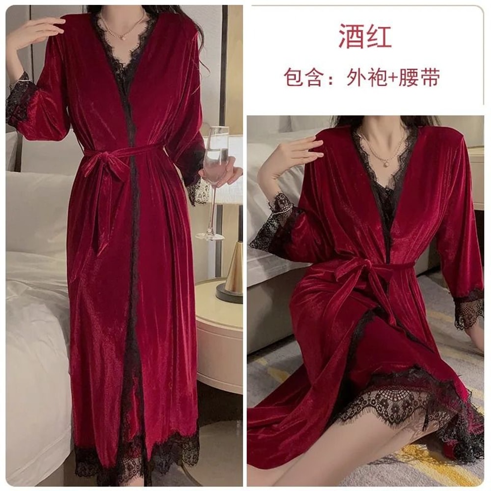 Womens Warm Velour Homewear Set Burgundy Kimono Robe Cami Sleepwear Winter Loungewear System 10