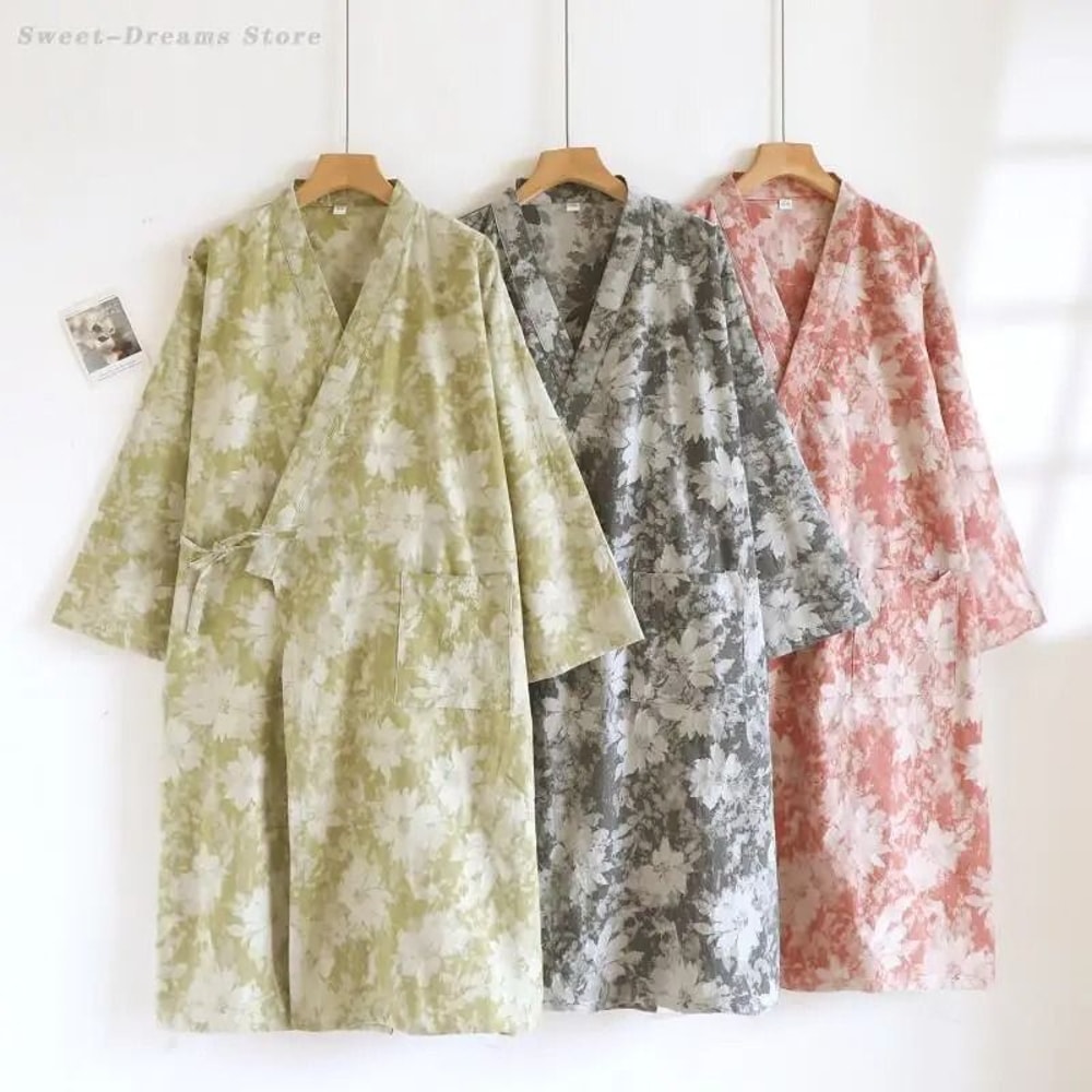 Womens Retro Jacquard Cotton Robe Premium Kimono Cardigan Breathable Loungewear System 0