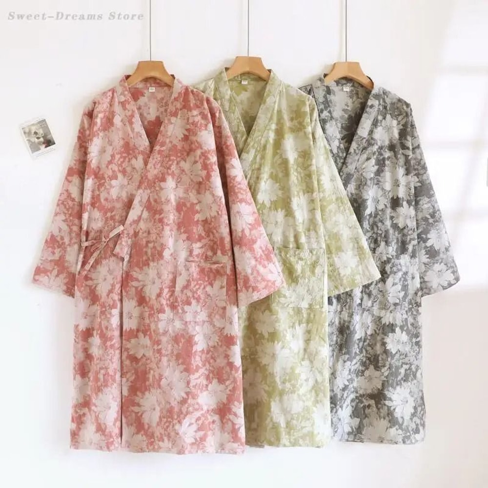 Womens Retro Jacquard Cotton Robe Premium Kimono Cardigan Breathable Loungewear System 1