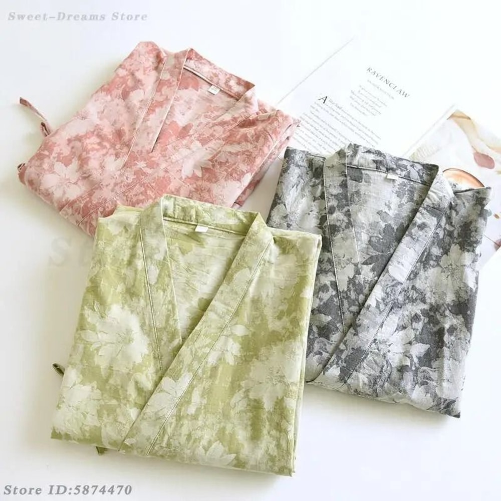 Womens Retro Jacquard Cotton Robe Premium Kimono Cardigan Breathable Loungewear System 5