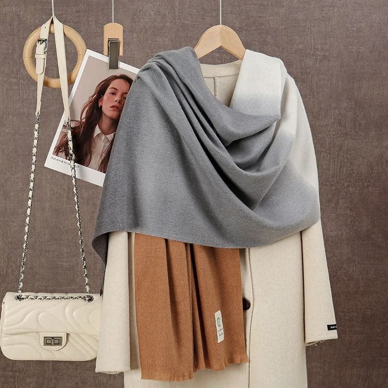 2024 Gradient CashmereFeel Scarf Womens Ombre Tassel Shawl Winter Warm Blanket System 6
