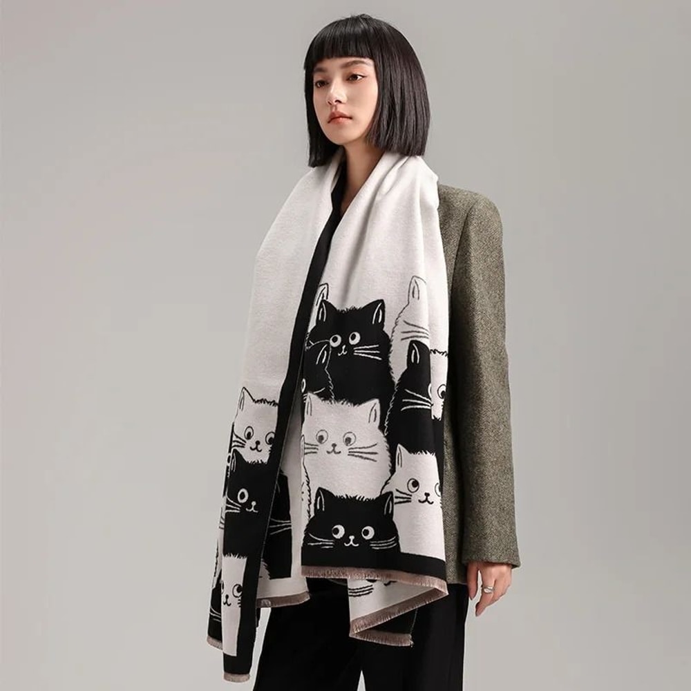 2024 Fashion Cute Cat Jacquard Pashmina Premium Cashmere Winter Warmth Shawl Coldproof Blanket Sy 0