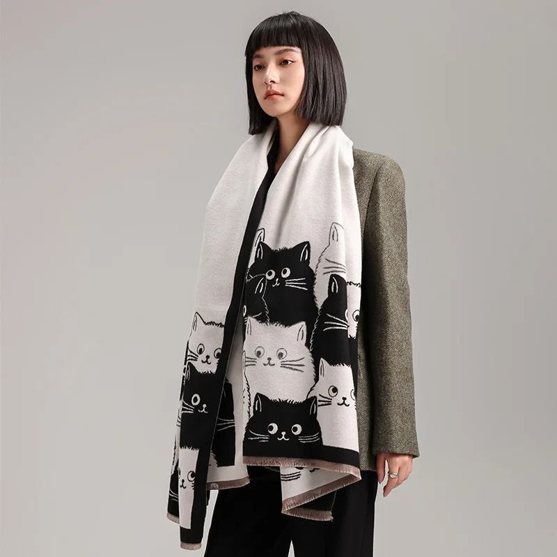2024 Fashion Cute Cat Jacquard Pashmina Premium Cashmere Winter Warmth Shawl Coldproof Blanket Sy 0