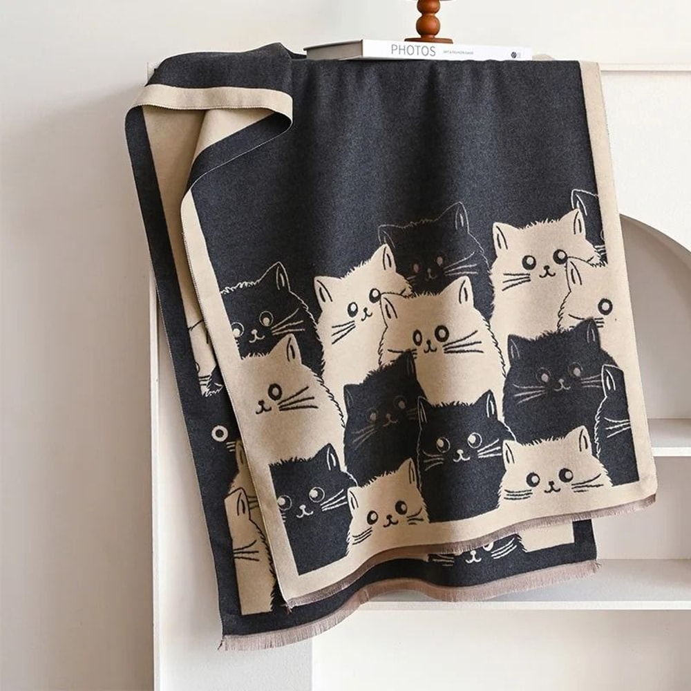 2024 Fashion Cute Cat Jacquard Pashmina Premium Cashmere Winter Warmth Shawl Coldproof Blanket Sy 8