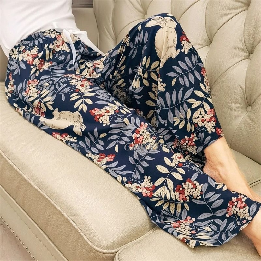Womens Floral Viscose WideLeg Pants AntiMosquito Drape Loose Straight Pajama System 11