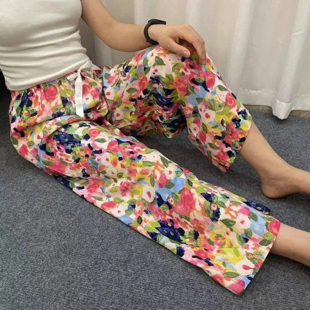 Womens Floral Viscose WideLeg Pants AntiMosquito Drape Loose Straight Pajama System 4