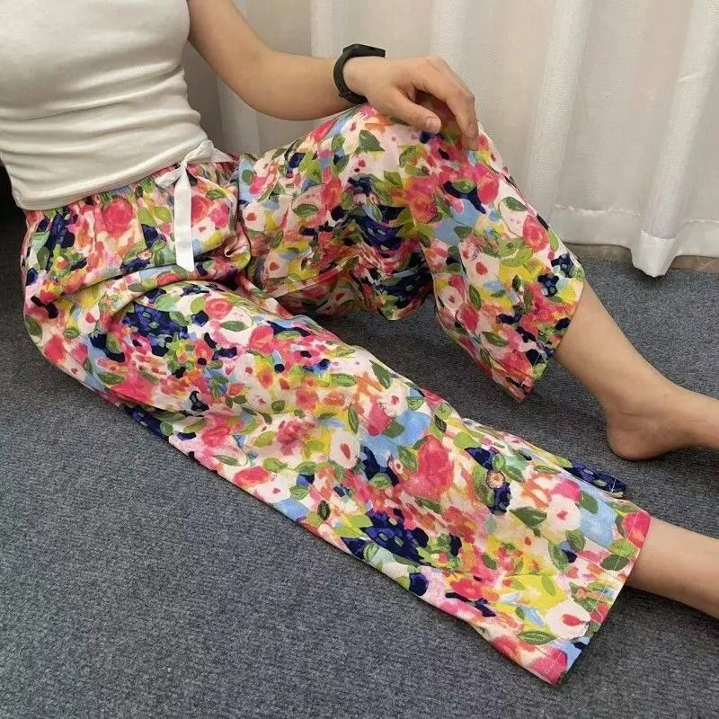 Womens Floral Viscose WideLeg Pants AntiMosquito Drape Loose Straight Pajama System 4