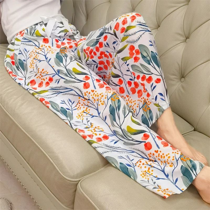 Womens Floral Viscose WideLeg Pants AntiMosquito Drape Loose Straight Pajama System 7