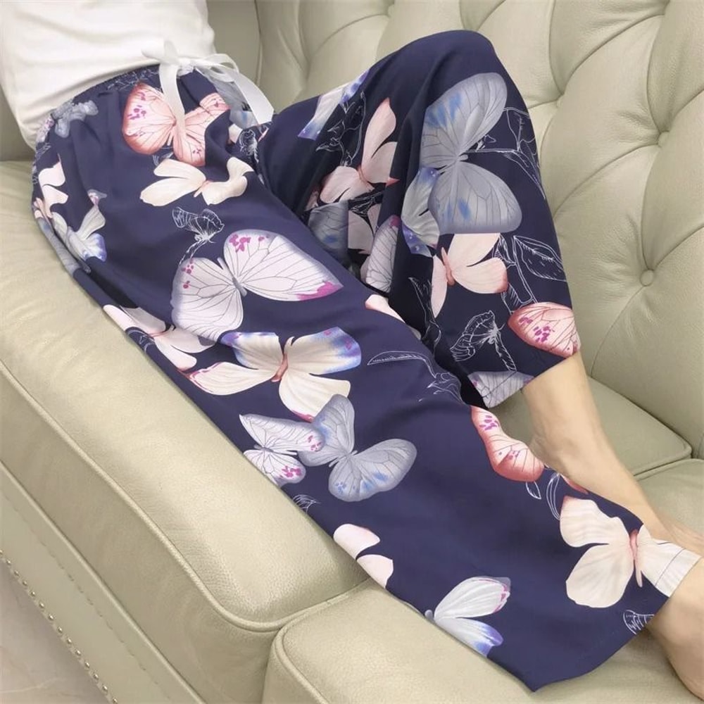 Womens Floral Viscose WideLeg Pants AntiMosquito Drape Loose Straight Pajama System 8