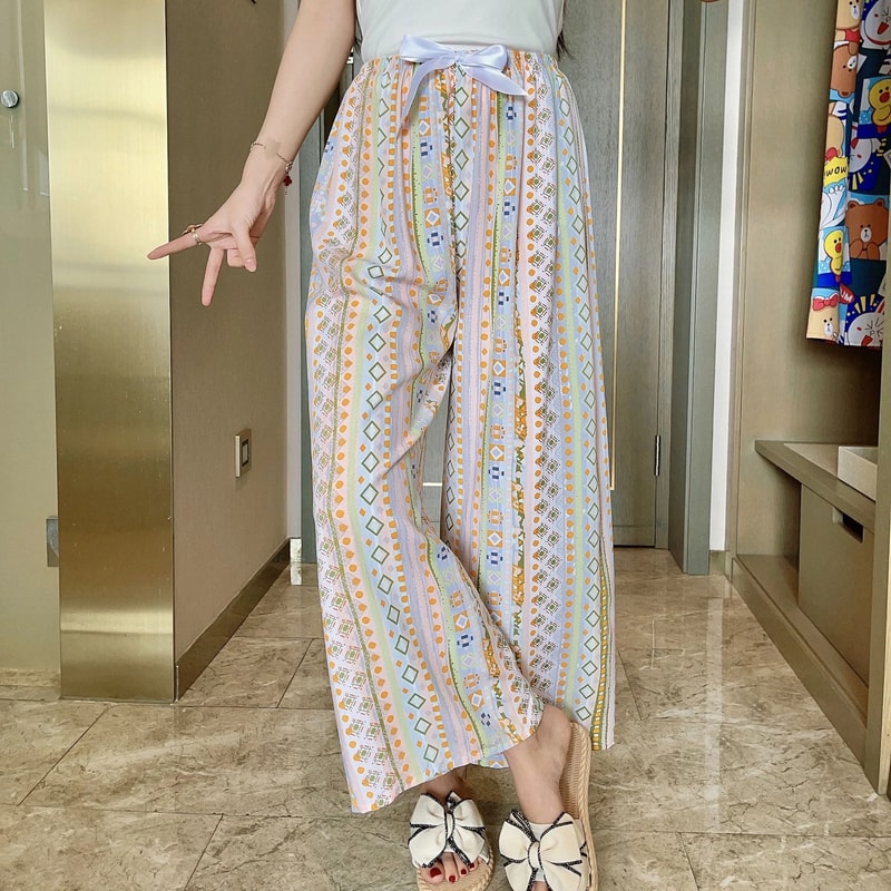 Womens Floral Viscose WideLeg Pants AntiMosquito Drape Loose Straight Pajama System 25