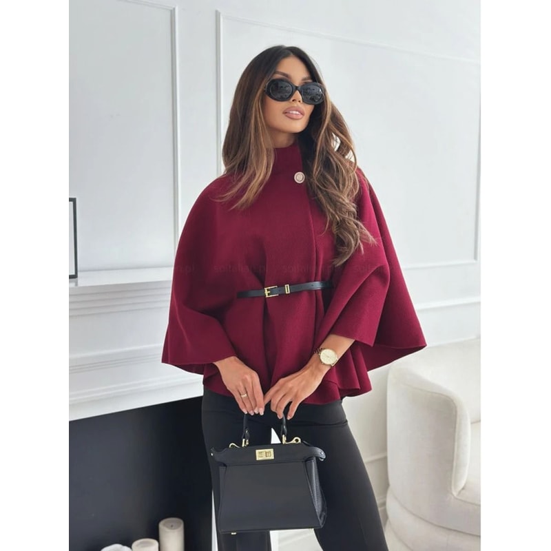 Womens Elegant Tweed Batwing System Premium WaistCinching Poncho Thermal AutumnWinter Outerwear I 9