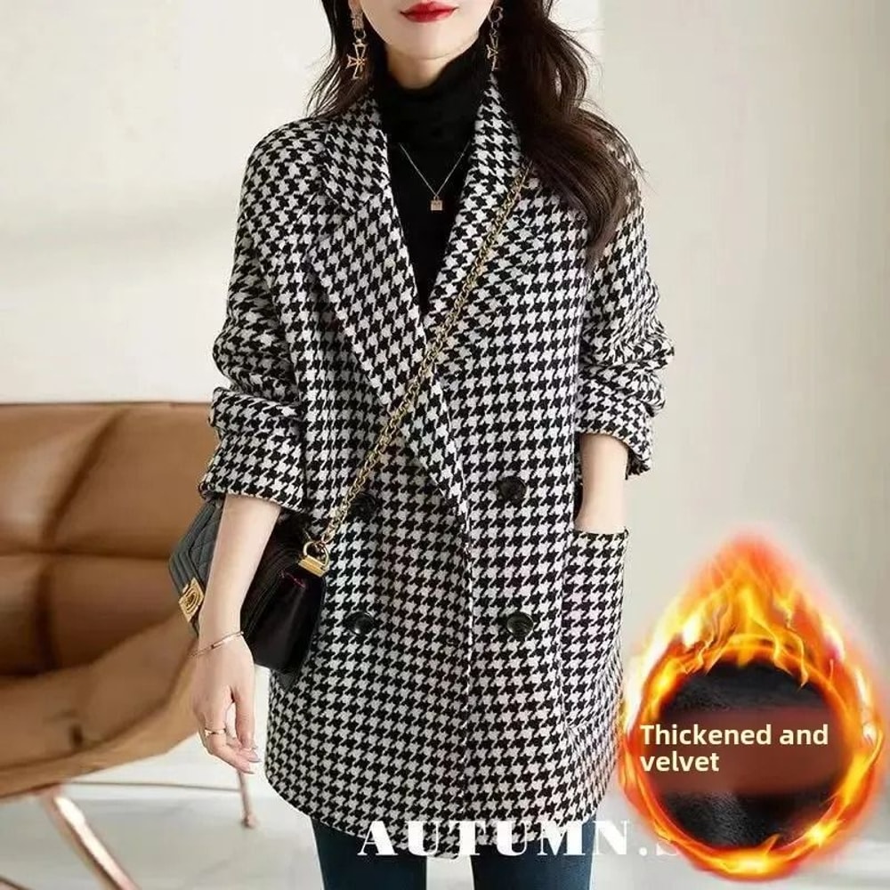 Thousand Birds Plaid Woolen System Premium Raglan Sleeve FleeceLined Thickened Overcoat Winter Ya 2