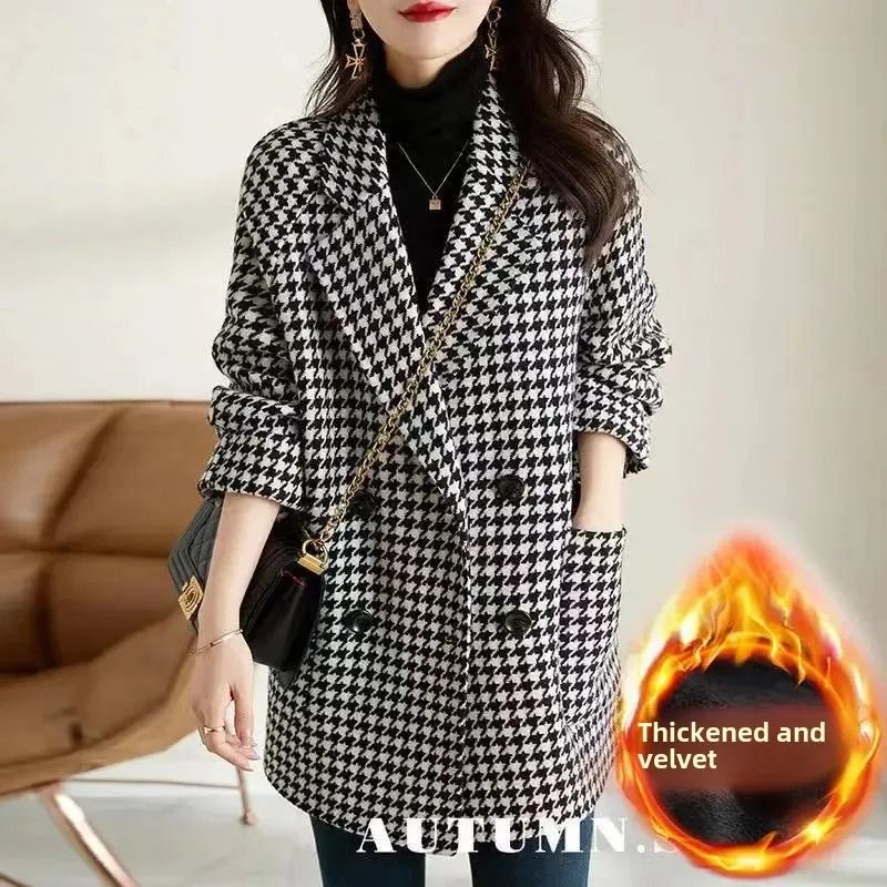Thousand Birds Plaid Woolen System Premium Raglan Sleeve FleeceLined Thickened Overcoat Winter Ya 2