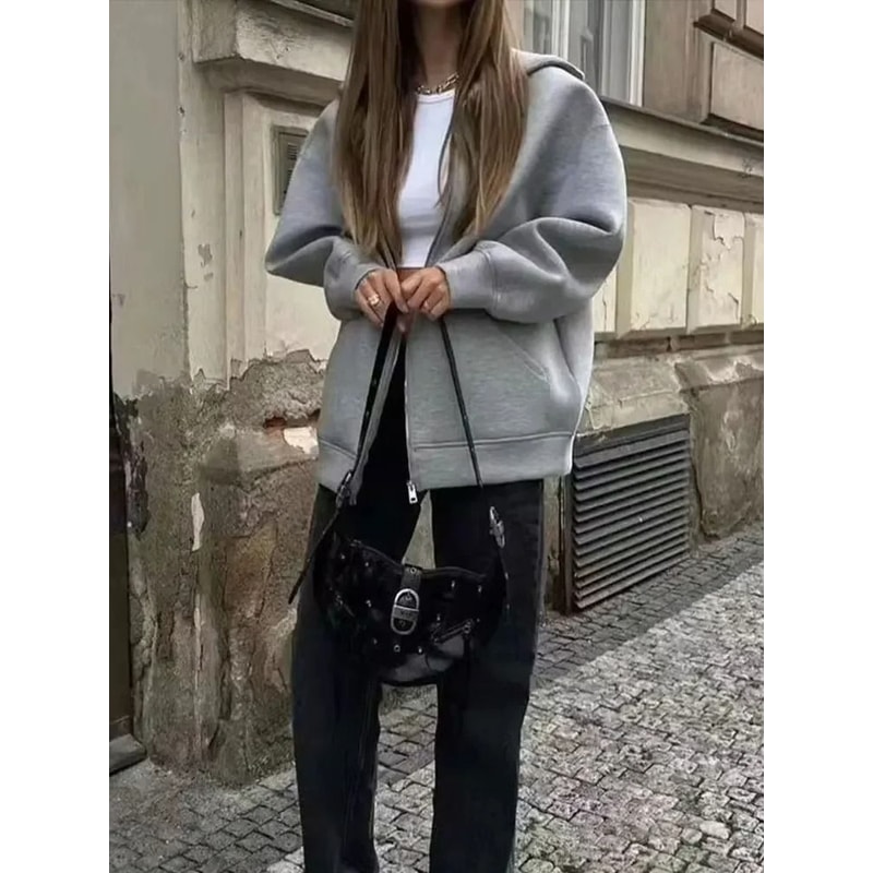 Womens Gray Hooded System Premium 2025 Autumn Zipper Jacket Loose Casual Outerwear Infrastructure 1