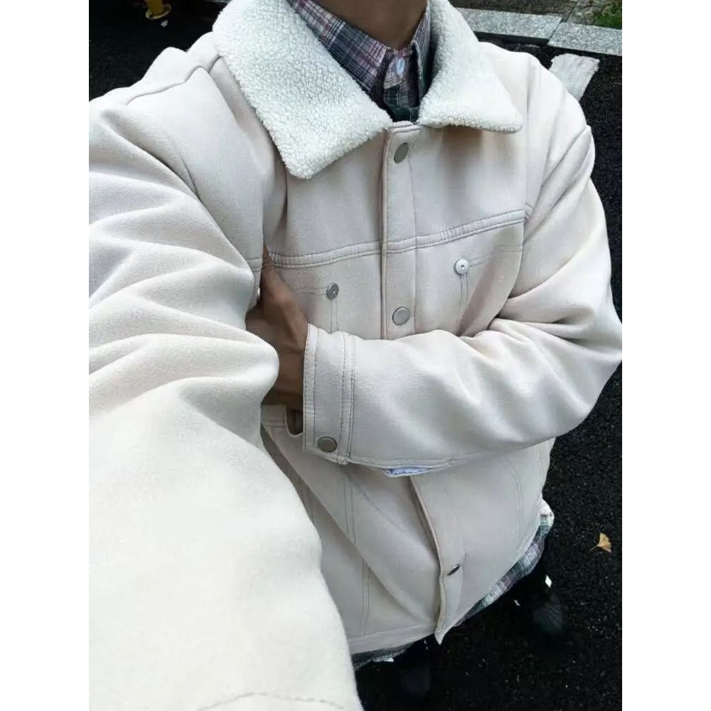 Mens Thickened Lamb Wool Cotton System Premium Faux Fur Loose Lapel Jacket Winter Thermal Outerwe 6