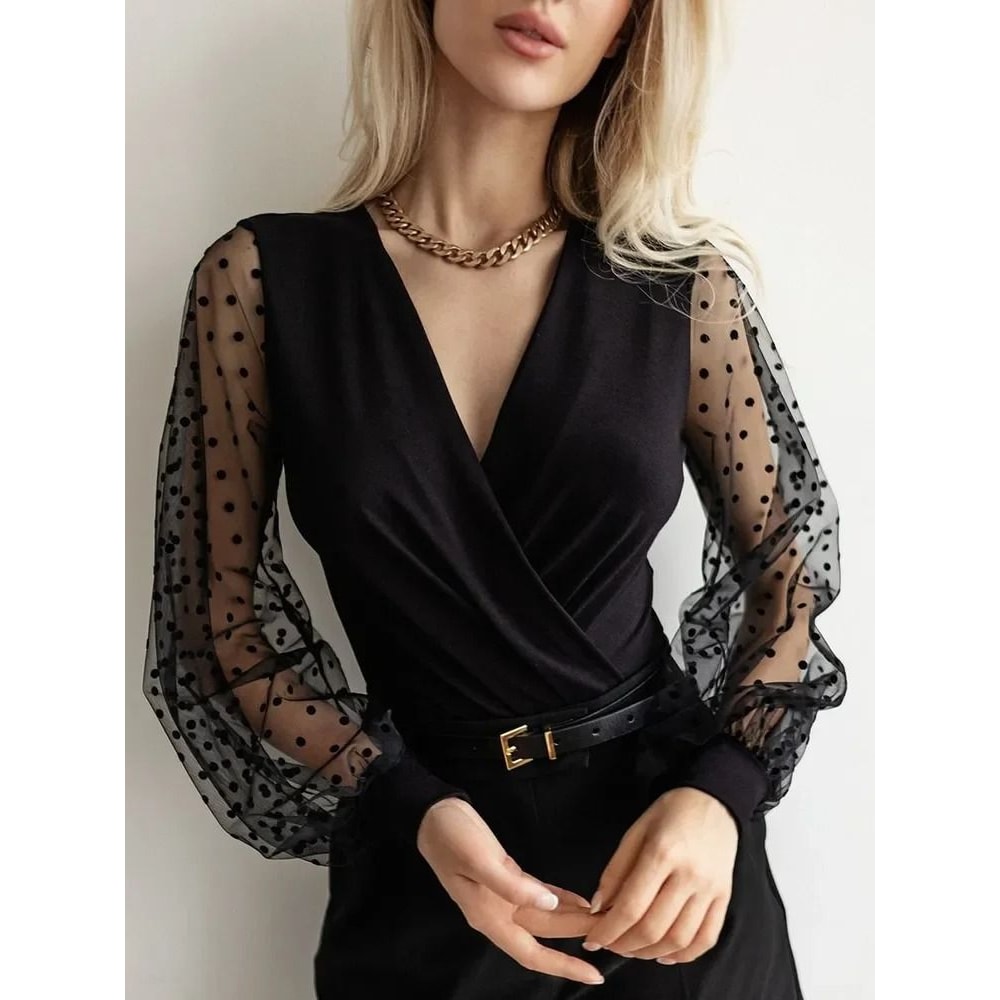 Womens Polka Dot Mesh Bodysuit Premium Balloon Sleeve Crossover Collar Elegant Stretch Tights 0