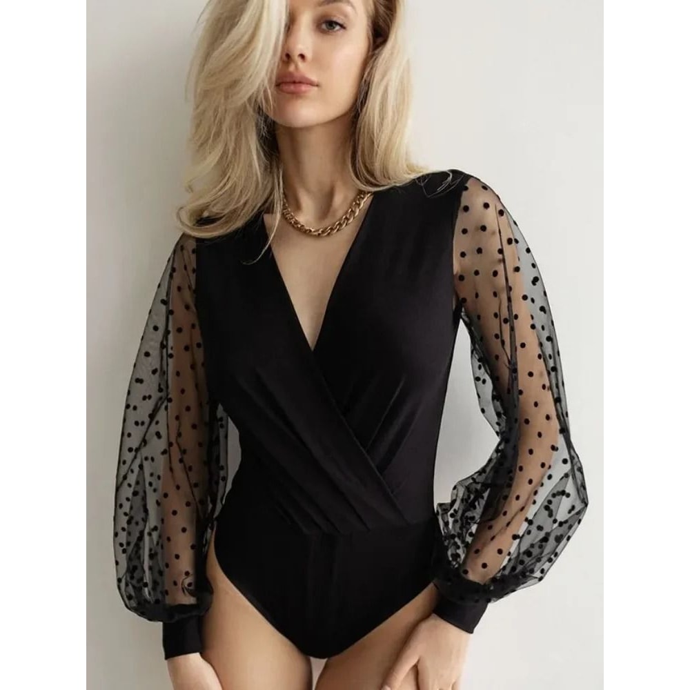 Womens Polka Dot Mesh Bodysuit Premium Balloon Sleeve Crossover Collar Elegant Stretch Tights 4