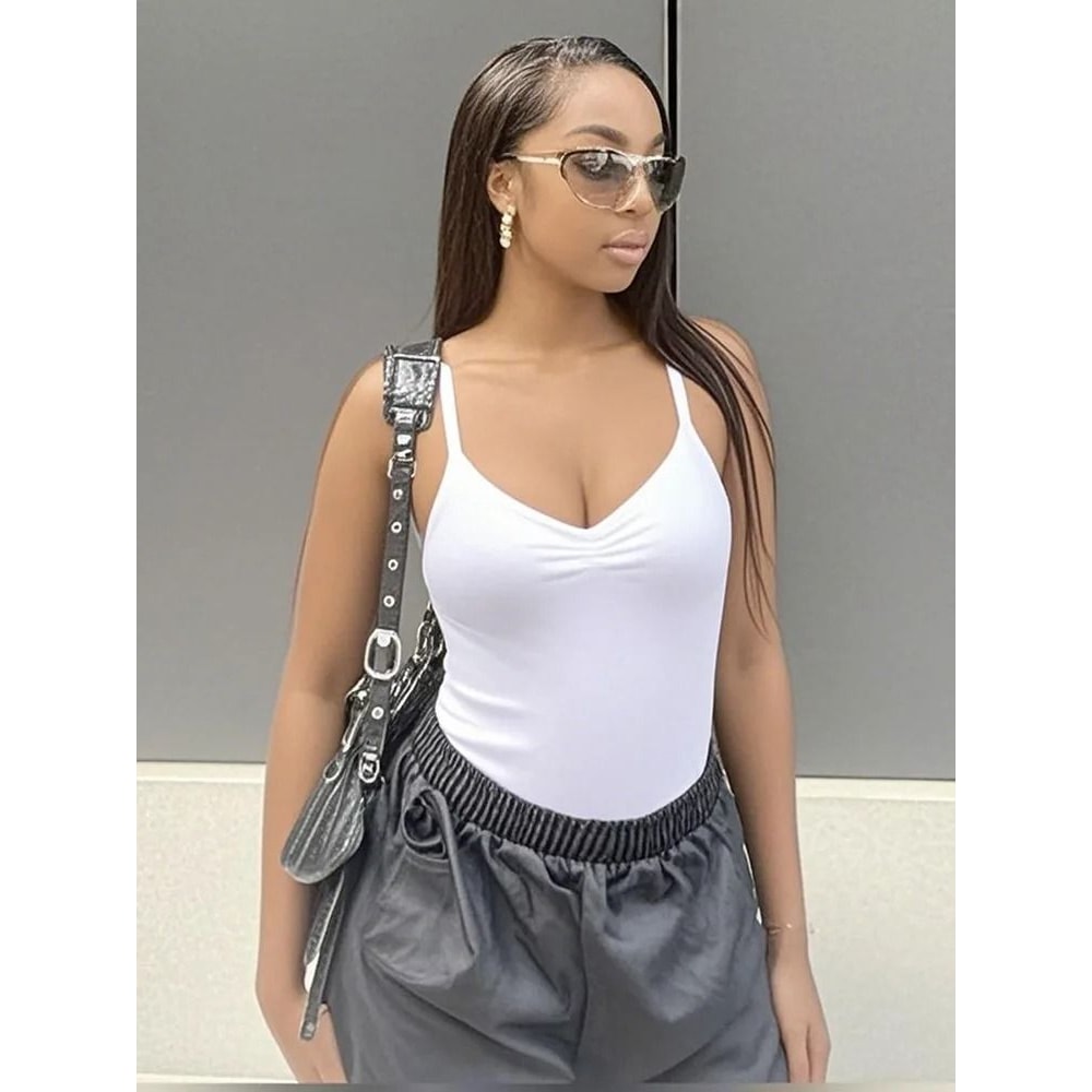 Womens Skinny Shirring Bodysuit Premium Spaghetti Strap Vacation Camisole Sexy Basic Innerwear 6