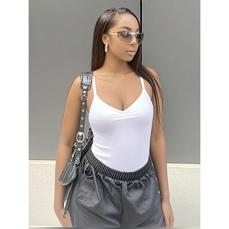 Womens Skinny Shirring Bodysuit Premium Spaghetti Strap Vacation Camisole Sexy Basic Innerwear 6