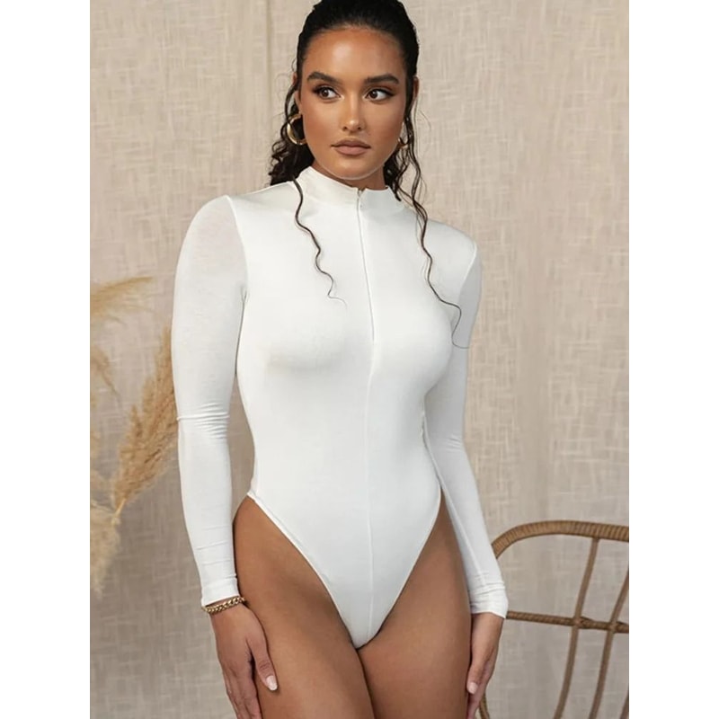 Womens Mock Neck Bodycon Bodysuit Premium AutumnWinter Long Sleeve Slim Zipper Outwear System 3