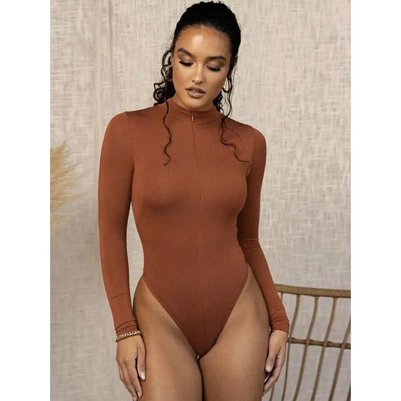 Womens Mock Neck Bodycon Bodysuit Premium AutumnWinter Long Sleeve Slim Zipper Outwear System 5