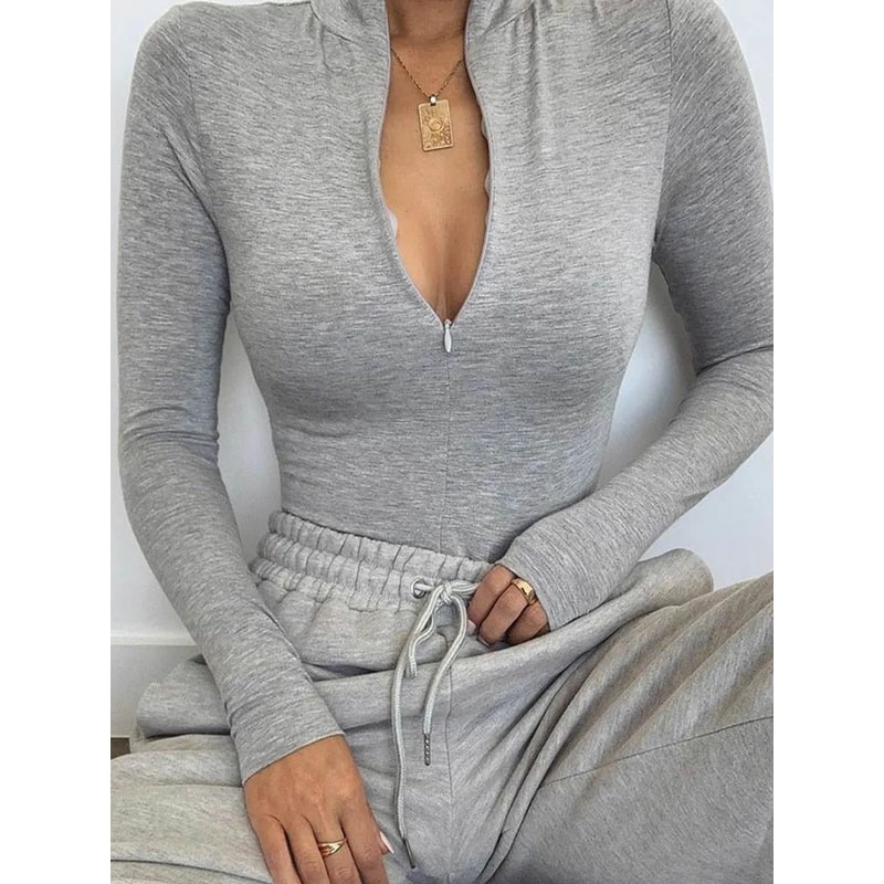 Womens Mock Neck Bodycon Bodysuit Premium AutumnWinter Long Sleeve Slim Zipper Outwear System 7