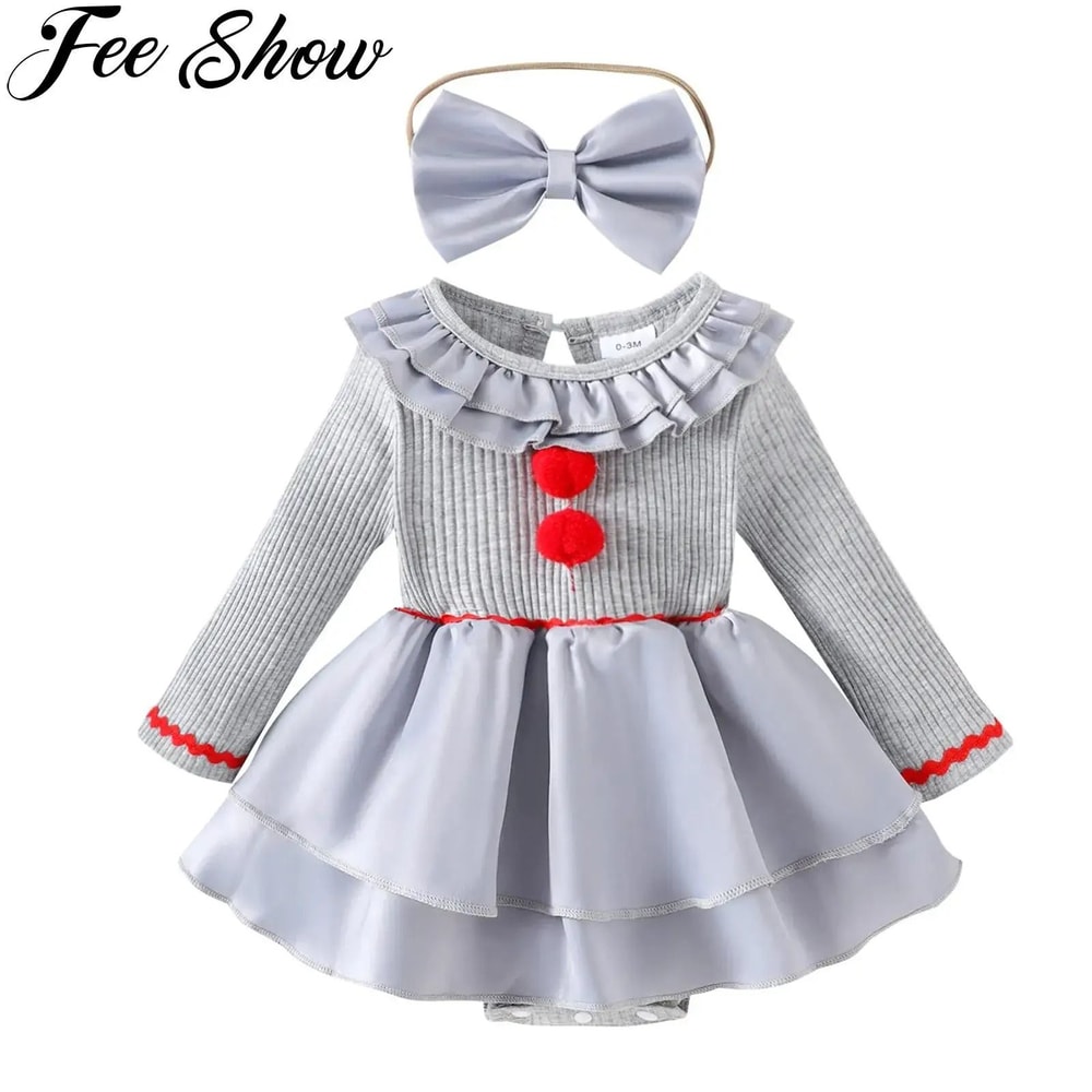 Baby Girl Creepy Clown Cosplay Costume Premium Layered Gray Joker Dress Romper Halloween Party Ou 0