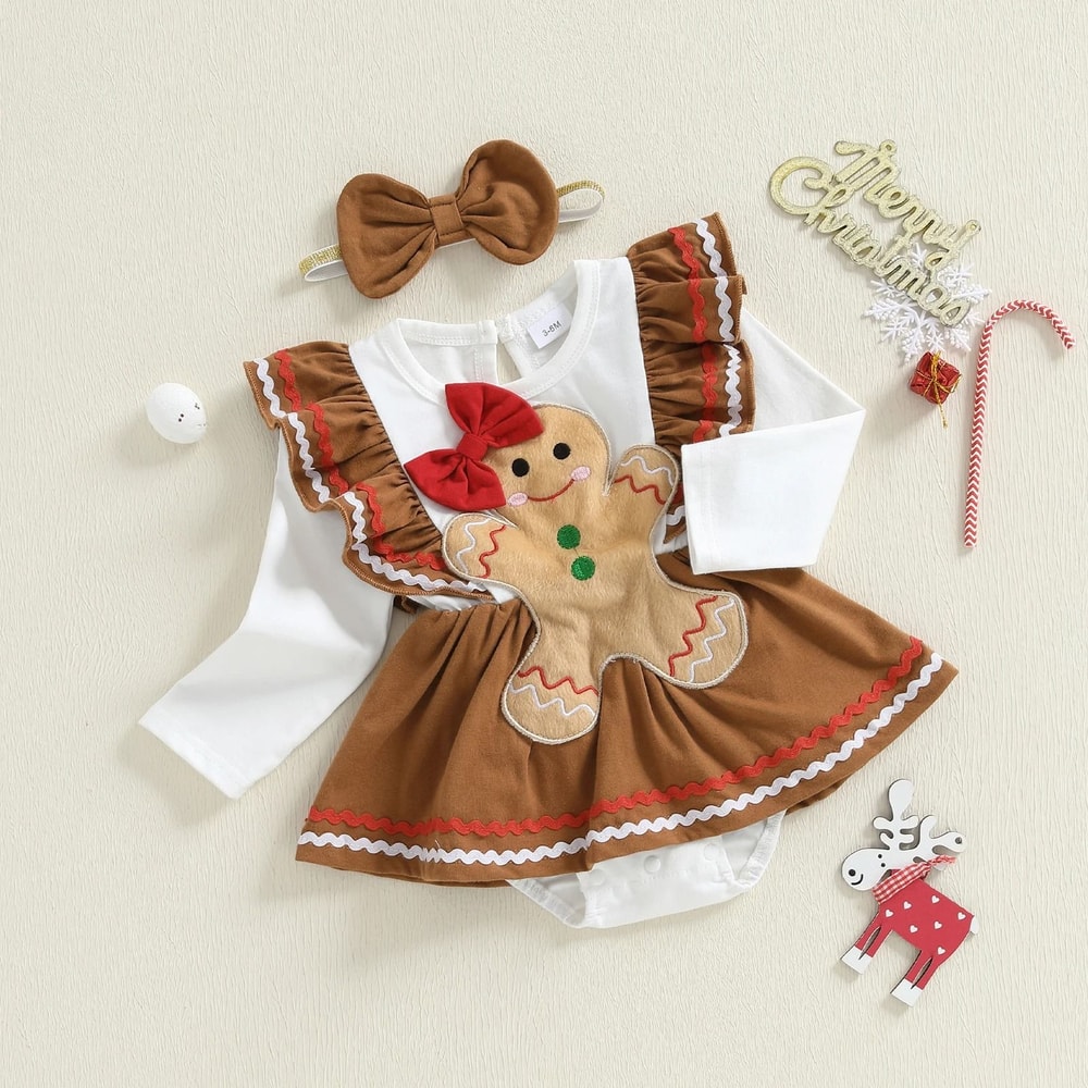 Infant Girl Christmas Gingerbread Man Romper Premium Long Sleeve Dress Bow Headband Newborn Set 1