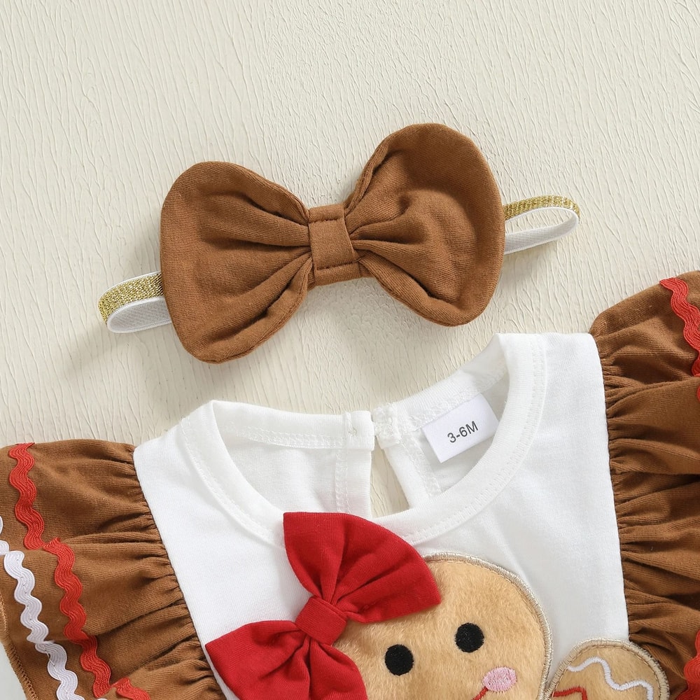 Infant Girl Christmas Gingerbread Man Romper Premium Long Sleeve Dress Bow Headband Newborn Set 3
