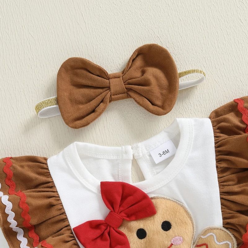 Infant Girl Christmas Gingerbread Man Romper Premium Long Sleeve Dress Bow Headband Newborn Set 3